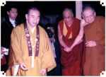  5 April 1998: Leaders of three schools of Buddhism hand in hand. His Holiness, representing Theravada Buddhism with His Holiness the Dalai Lama, representing Vajrayana Buddhism, and the Most Ven. Dr. Kyuse Enshinjoh, Founder Priest of the Nenbutsushu Buddhist Sect of Japan, representing Mahayana Buddhism.